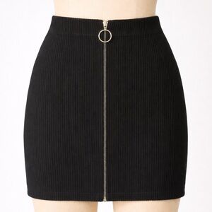 Black Ribbed Bodycon Mini Skirt – Silver O-Ring Zipper